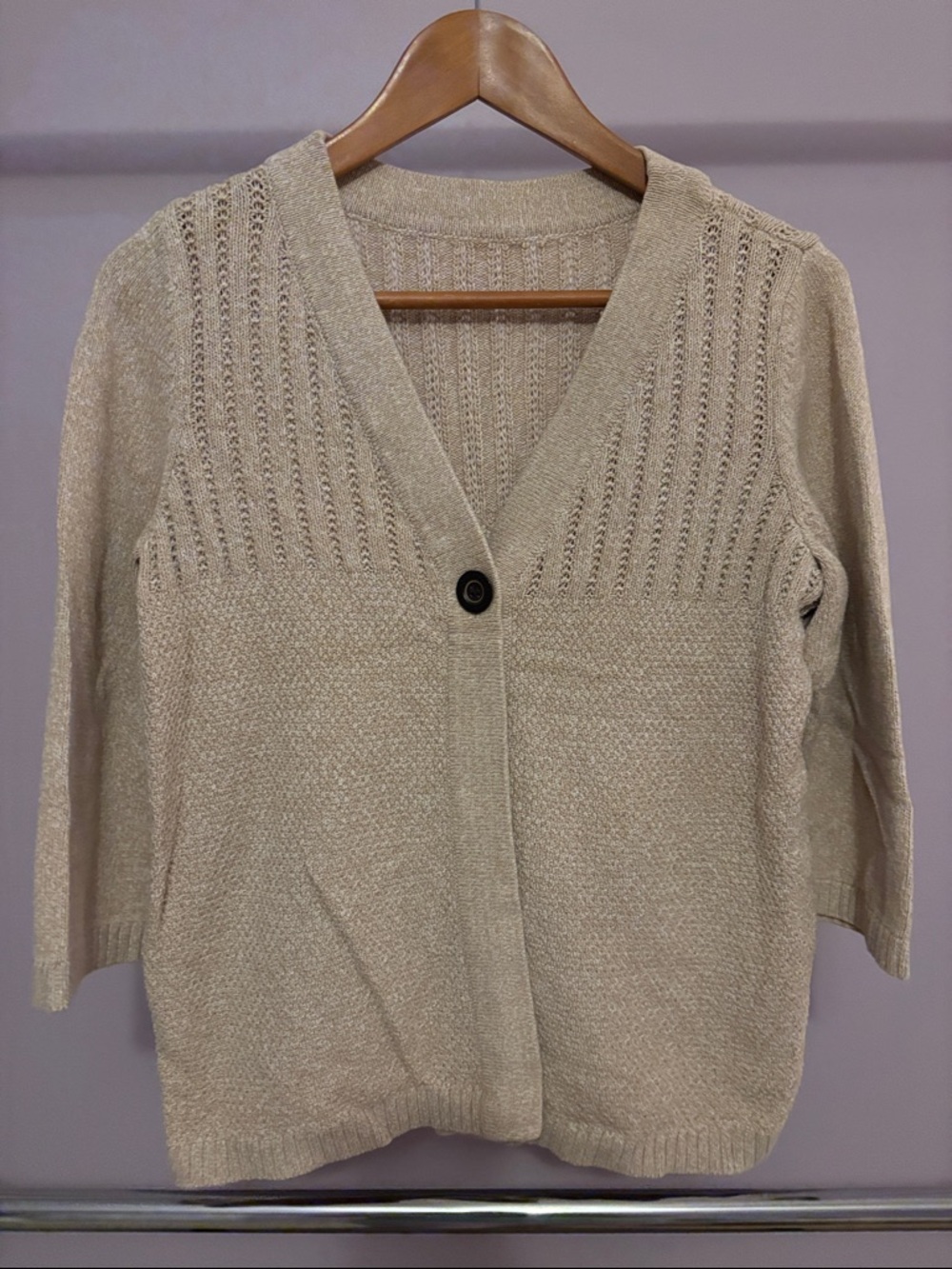 Beige V-Neck One-Button 3/4 Sleeves Cardigan Sweater